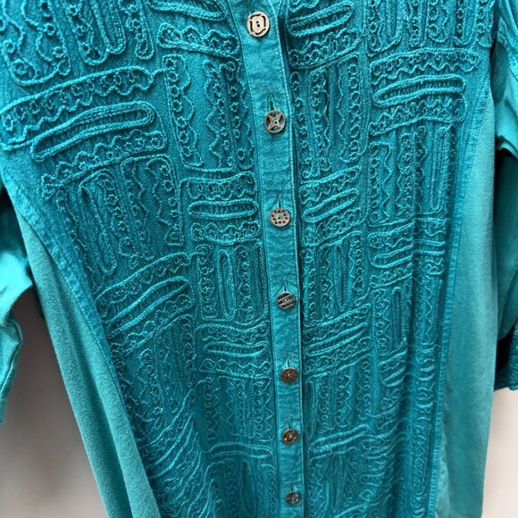 Parsley and Sage Size L Tunic Top 3/4-Sleeve Button-Up Embroidered Teal Blue - Picture 4 of 6